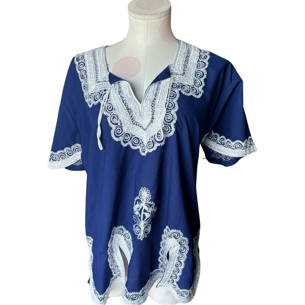 Blue Embroidered Tunic Top with White Lace Detail